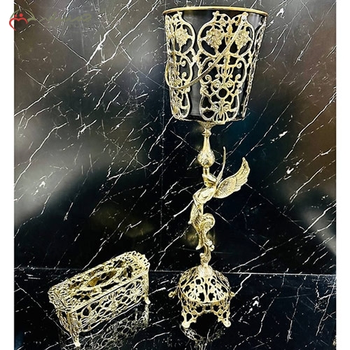 خرید، قیمت و مشخصات سطل و جا دستمالی بزرگ و جدید برنزی، طرح ملکه بالدار و گل یاس زیر قیمت | چترزندگی