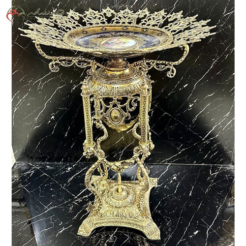 خرید، قیمت و مشخصات میوه خوری کنار سالنی لوکس و جذاب از جنس برنز طرح گل لاله و پایه اژدها چینی درجه یک و زیر قیمت | چترزندگی