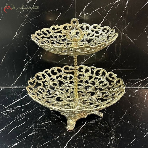 خرید، قیمت و مشخصات ظرف شیرینی خوری برنزی لاکچری و جدید دو طبقه، با بشقاب های بزرگ و زیر قیمت | چترزندگی
