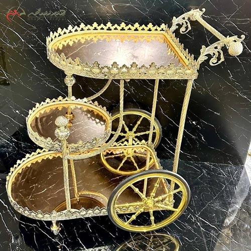 خرید، قیمت و مشخصات میز بار برنزی شیک و مدرن در طرح دسته توت فرنگی، سه طبقه آینه ای و زیر قیمت | چترزندگی