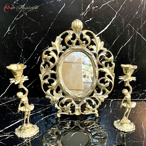 خرید، قیمت و مشخصات آینه و شمعدان برنزی جدید بیضی شکل طرح برگ درخت و طلایی رنگ زیر قیمت | چترزندگی