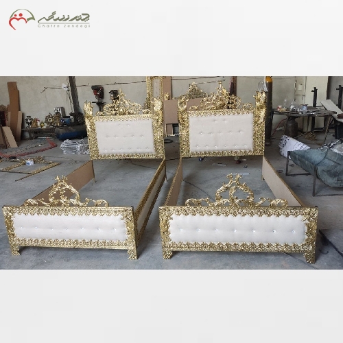 خرید، قیمت و مشخصات تخت خواب تک نفره طرح طاووس و بدنه برنز و چوب درجه یک رنگ پارچه به انتخاب مشتری - چترزندگی