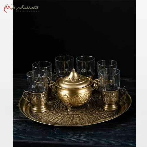 خرید، قیمت و مشخصات سرویس چای انگاره قلم زنی شده دست و بدنه برنجی به رنگ آنتیک با ضمانت 12 ماهه - چترزندگی
