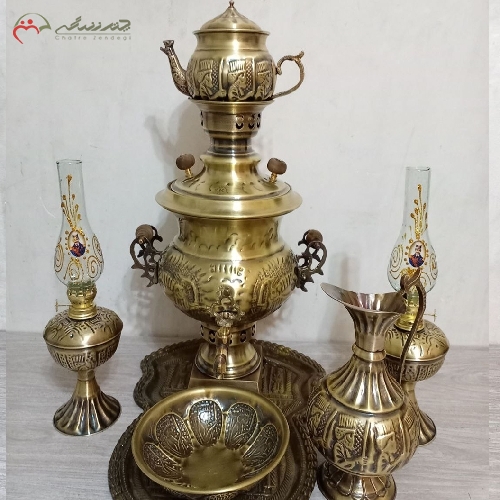 خرید، قیمت و مشخصات ست 7 پارچه سماور ذغالی تبریز همراه با چراغ گرد سوز و پارچ قلم کاری شده با ضمانت - چترزندگی