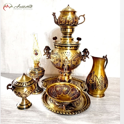 خرید، قیمت و مشخصات ست کامل سماور ذغالی 3 لیتری تبریز با قلم زنی طرح شیر بسیار شیک و تماشایی - چترزندگی