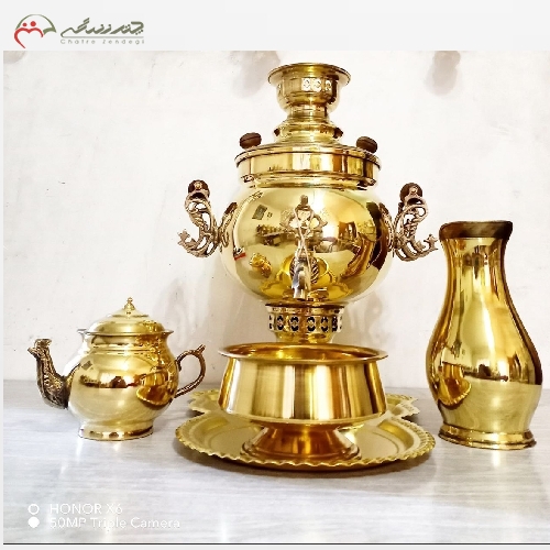 خرید، قیمت و مشخصات ست 5 پارچه سماور ذغالی بدنه طرح توپی با ورق ضخیم و دسته های طرح ماری با ضمانت - چترزندگی