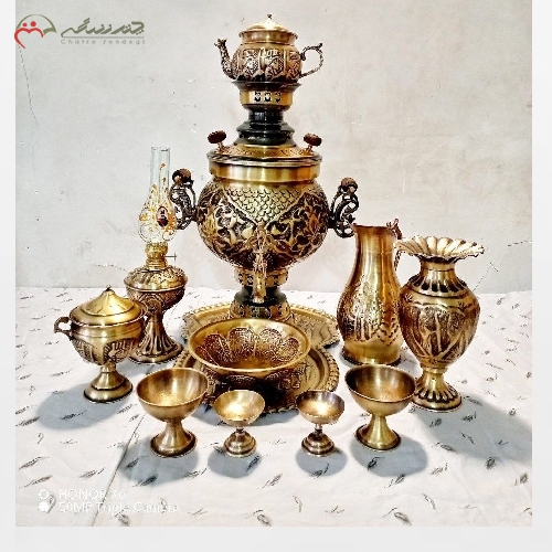 خرید، قیمت و مشخصات ست 12 پارچه سماور ذغالی تبریز بدنه کار شده با رنگ ثابت و طراحی شیک و آنتیک - چترزندگی