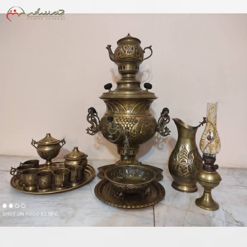 خرید، قیمت و مشخصات ست سماور ذغالی 7 لیتری عدسی مدل لبه استکانی در دو طرح قلم زنی و آینه ای  - چترزندگی