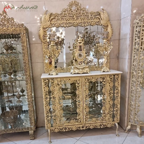 خرید، قیمت و مشخصات آینه کنسول برنزی همراه با ست شمعدان و ساعت رومیزی و رویه سنگ سفید با ضمانت - چترزندگی