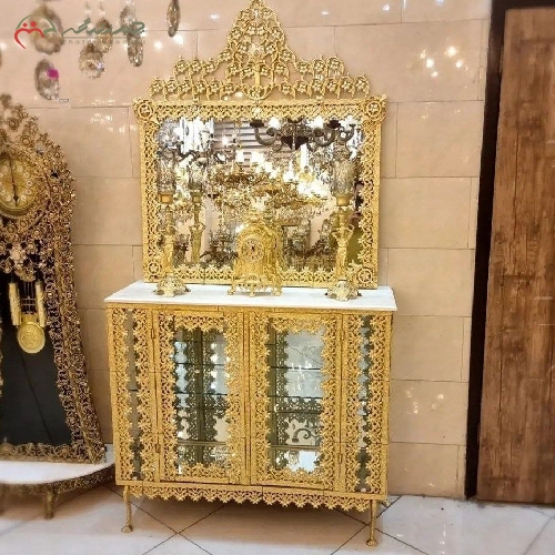 خرید، قیمت و مشخصات سرویس آینه کنسول تاج دار با رویه ی سنگ و ساعت رومیزی، شمعدان برنزی با ضمانت 60 ماهه رنگ - چترزندگی