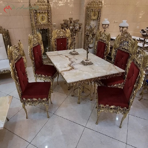 خرید، قیمت و مشخصات میز ناهار خوری 6 نفره برنزی طرح طاووس با رویه سنگ مرمر و رنگبندی متنوع پارچه صندلی - چترزندگی