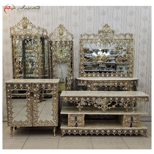 خرید، قیمت و مشخصات ست 5 پارچه آینه کنسول، ساعت، بوفه، میز تلویزیون و جا کفشی برنزی  - چترزندگی