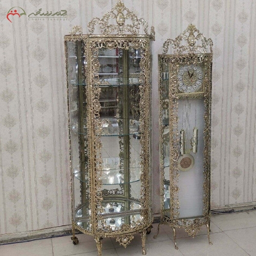 خرید، قیمت و مشخصات بوفه سه طبقه نیم گرد همراه ساعت ایستاده برنزی طرح گل سرخ و رنگ فورتیک با ضمانت کد 8004 - چترزندگی