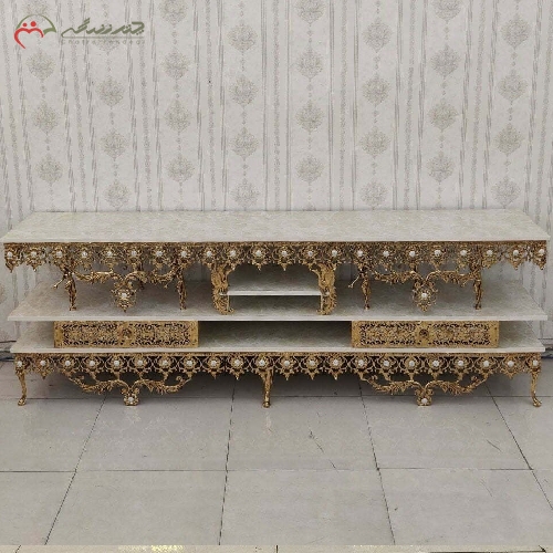 خرید، قیمت و مشخصات میز تلویزیون دو کشو برنزی به رنگ فورتیک و آبکاری شده طراحی سه طبقه با گارانتی رنگ و بدنه  - چترزندگی