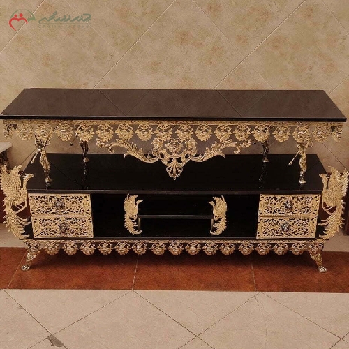 خرید، قیمت و مشخصات میز تلویزیون 4 کشو طرح طاووس و گل رز بزرگ با رنگ طلایی و طراحی شیک با رویه مشکی - چترزندگی