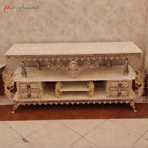 خرید، قیمت و مشخصات میز تلویزیون برنزی با طرح بدنه ی گل نقلی و طاووس با رنگ با کیفیت و طراحی شیک - چترزندگی