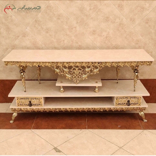 خرید، قیمت و مشخصات میز تلویزیون 2 طبقه پایه دار طرح گل رز برجسته با رویه ام دی اف با دوام و بدنه رنگ ثابت - چترزندگی