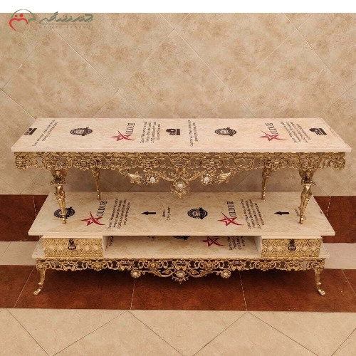 خرید، قیمت و مشخصات میز تلویزیون برنزی پایه دار طرح فرشته بدنه ی کار شده و رنگ ثابت با ضمانت نامه - چترزندگی