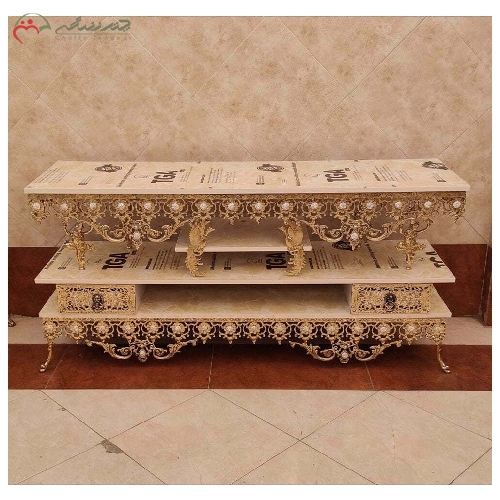 خرید، قیمت و مشخصات میز تلویزیون سه طبقه با طراحی دو کشو طرح آفتابگردان و رنگ با کیفیت و ضمانتی - چترزندگی