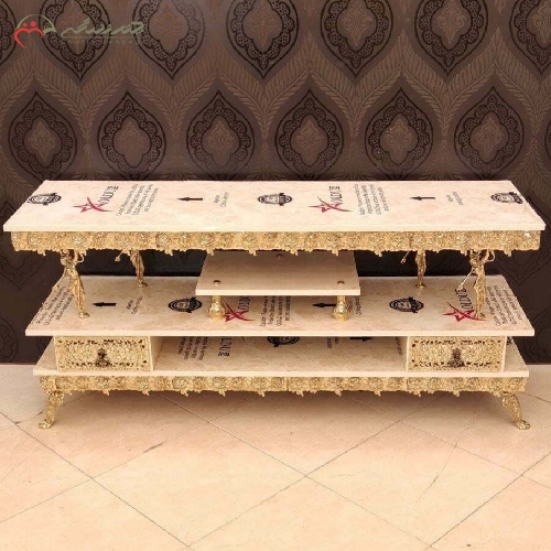 خرید، قیمت و مشخصات میز تلویزیون برنزی 2 طبقه با رویه هایگلس و بدنه گل رز چسبیده با ضمانت رنگ بدنه  - چترزندگی