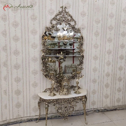 خرید، قیمت و مشخصات آینه کنسول برنزی مدل ترنم همراه ساعت و شمعدان و رویه سنگ مرمر با ضمانت رنگ بدنه - چترزندگی