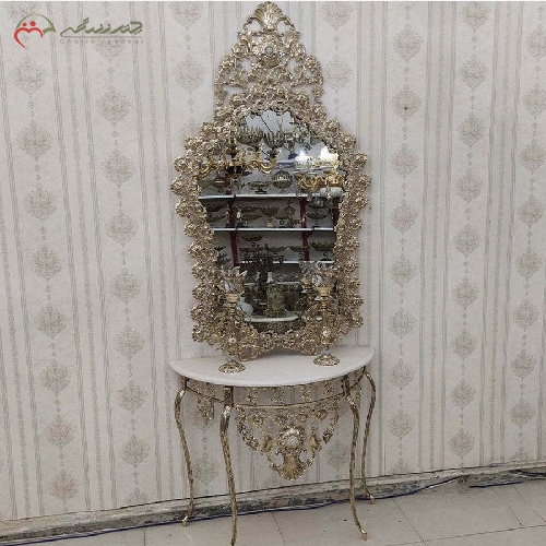خرید، قیمت و مشخصات آینه کنسول و شمعدان تمام برنزی طرح گل رز، بسیار پر کار و ظریف کاری شده و رنگ درجه یک - چترزندگی