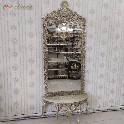 خرید، قیمت و مشخصات آینه کنسول برنزی، طرح گل سرخ و بدنه ی مستعطیلی و رویه سنگ مرمر با گارانتی رنگ بدنه - چترزندگی