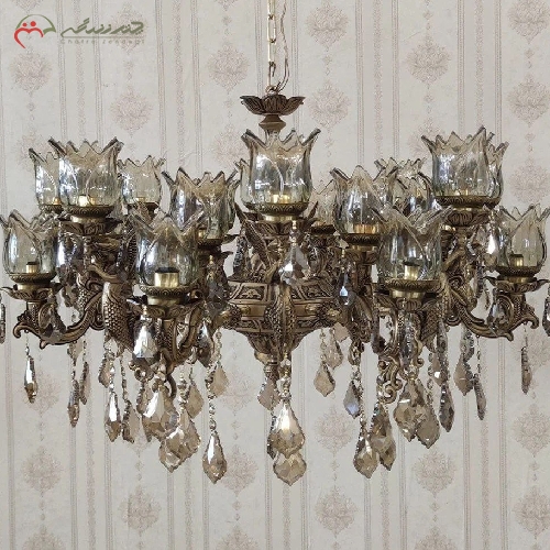 خرید، قیمت و مشخصات لوستر برنزی 8 شاخه رنگ آنتیک طرح فرشته و با کریستال های آویزی و گارانتی دوام رنگ - چترزندگی