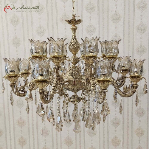خرید، قیمت و مشخصات لوستر سایز بزرگ طرح گلناز و بدنه ی برنزی 16 شعله همراه کریستال های آویزی، فروش به قیمت عالی - چترزندگی