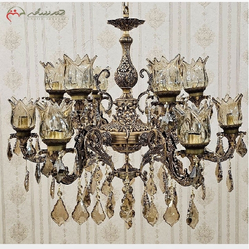 خرید، قیمت و مشخصات لوستر برنزی 12 شعله طرح دو گل، رنگ آنتیک درجه یک و چند لایه و طراحی شیک و نوردهی عالی - چترزندگی
