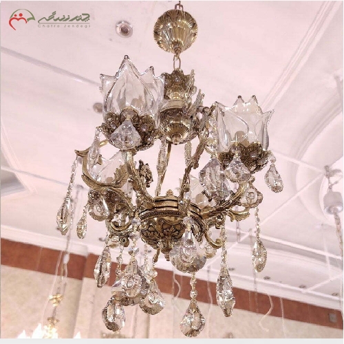 خرید، قیمت و مشخصات لوستر برنزی 4 شعله طرح فانوس و سر شاخه های کریستالی، رنگ طلایی با کیفیت دارای گارانتی - چترزندگی