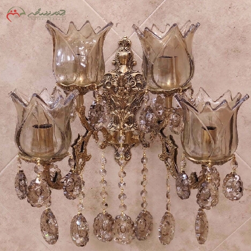 خرید، قیمت و مشخصات لوستر برنزی طرح دو گل کوچک، بدنه ی کار شده با چهار شعله ی کریستالی و دارای ضمانت - چترزندگی
