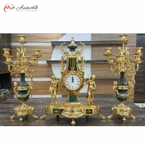 خرید، قیمت و مشخصات ست ساعت و شمعدان برنزی رنگ طلایی چند لایه ی فورتیک و طراحی کلاسیک، دارای گارانتی کد 443 - چترزندگی