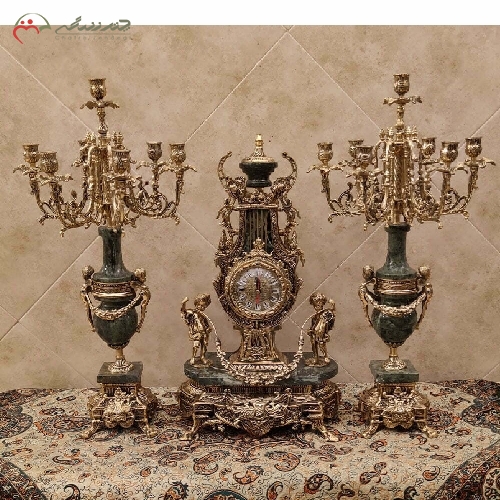 خرید، قیمت و مشخصات ست ساعت و شمعدان برنزی مدل خروسی، رنگ فورتیک با دوام و سنگ سبز کار شده، با گارانتی کد 403 - چترزندگی
