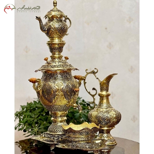 خرید، قیمت و مشخصات سرویس سماور 5 لیتری ذغالی، قلم زنی شده ی پر کار، طراحی و تولید با ورق برنج بسیار با دوام دارای ضمانت - چترزندگی