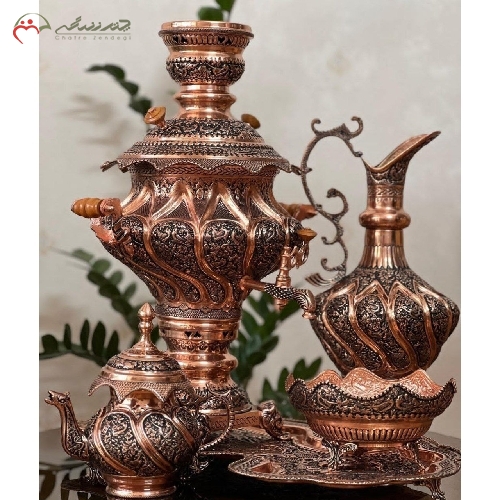 خرید، قیمت و مشخصات سرویس سماور مسی خم کاری و قلم زنی شده ی 5 لیتری با ورق 1.5 میل از مس و دوام بسیار بالا دارای گارانتی - چترزندگی