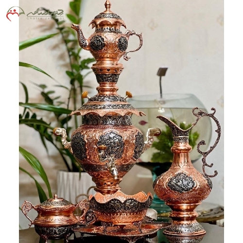 خرید، قیمت و مشخصات سرویس سماور 4 لیتری با بدنه ی برنجی و قلم زنی شده و روکش آبکاری شده ی مس و نقره، کیفیت بی نظیر تولید - چترزندگی