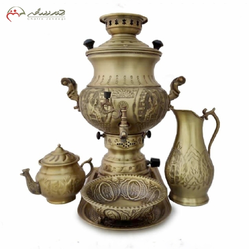 خرید، قیمت و مشخصات سماور گازی همراه با ست قندان و پارچ قلم زنی شده با طراحی کاربردی و تولید شده با ورق ضخیم - چترزندگی