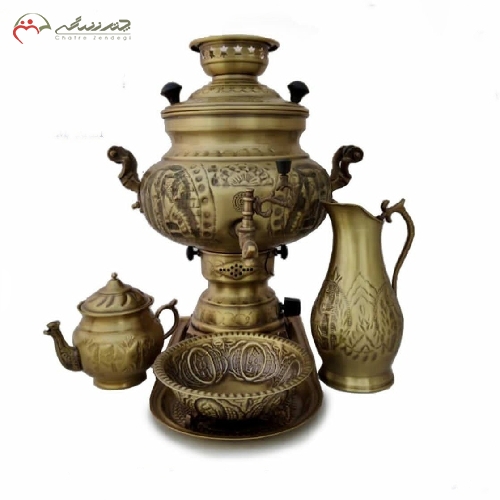خرید، قیمت و مشخصات سماور گازی طرح شهرزاد با حجم 8 لیتر و ست سینی، پارچ و قندان به رنگ آنتیک دارای ضمانت - چترزندگی
