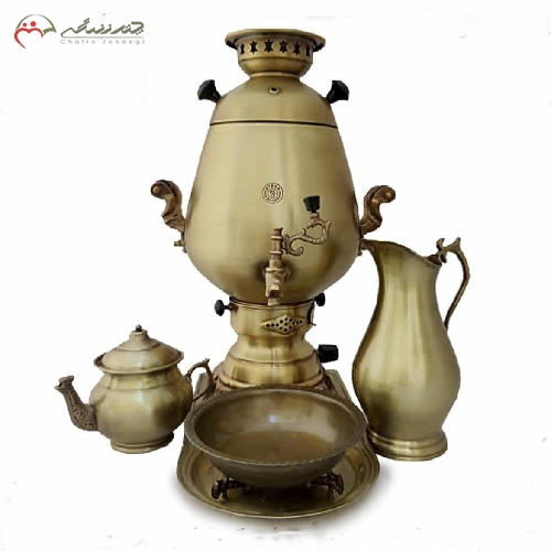 خرید، قیمت و مشخصات سماور گازی مدل کاپی با طرح بدنه ی ساده به رنگ آنتیک و شامل سینی، پارچ و قندان با ضمانت - چترزندگی