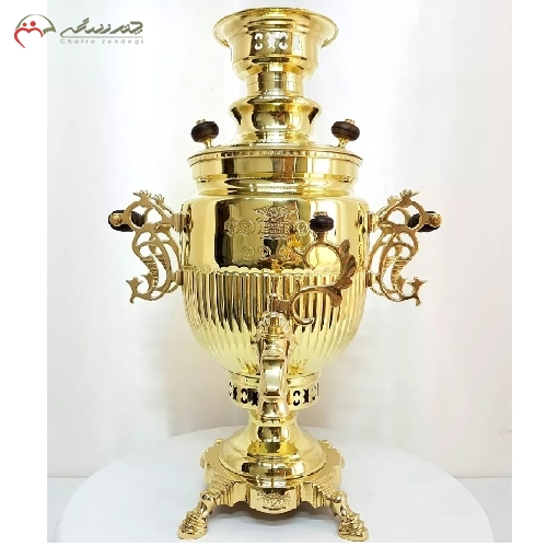 خرید، قیمت و مشخصات سماور ذغالی 6 لیتری به رنگ طلایی با بدنه ی ریخته گری شده ی پر کار و ورق ضخیم بسیار با دوام دارای ضمانت - چترزندگی