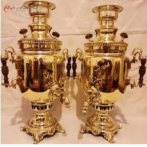 خرید، قیمت و مشخصات سماور ذغالی مدل نظر به رنگ طلایی با بدنه ی ریخته گری شده و دسته های طرح دلبر با گارانتی - چترزندگی