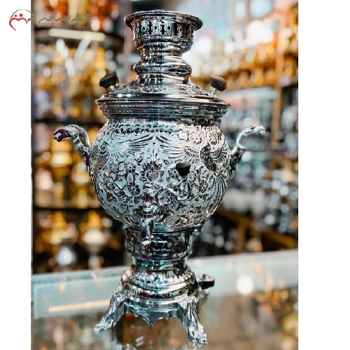 خرید، قیمت و مشخصات سماور 6 لیتری تمام مس گازی طرح ممتاز با دسته های مدل گل و مرغ و بدنه ی قلم کاری شده از جنس کروم با گارانتی - چترزندگی