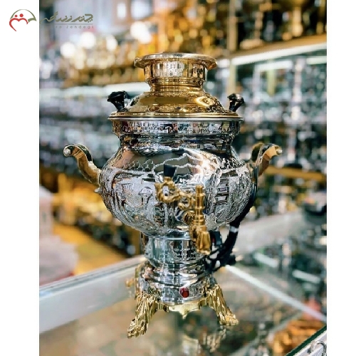 خرید، قیمت و مشخصات سماور برقی 6 لیتری با بدنه ی قلم زنی شده ی دو رنگ با روکش کروم و ورق 0.8 میل دارای ضمانت یک ساله - چترزندگی
