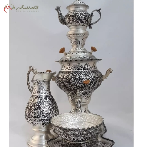 خرید، قیمت و مشخصات سماور ذغالی 4 لیتری با آبکاری نقره و قلم زنی شده کار دست، طرح گل و مرغ، با کیفیت و طراحی بی نظیر - چترزندگی