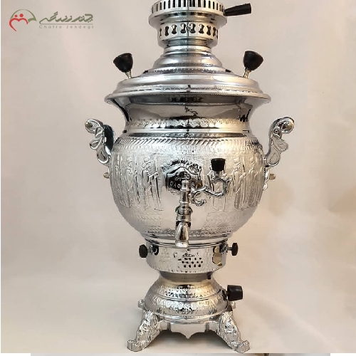خرید، قیمت و مشخصات سماور گازی 8 لیتری با بدنه ی سیلور و قلم زنی شده، ورق ضخیم برنجی با دوام بالا و ضمانت یک ساله - چترزندگی