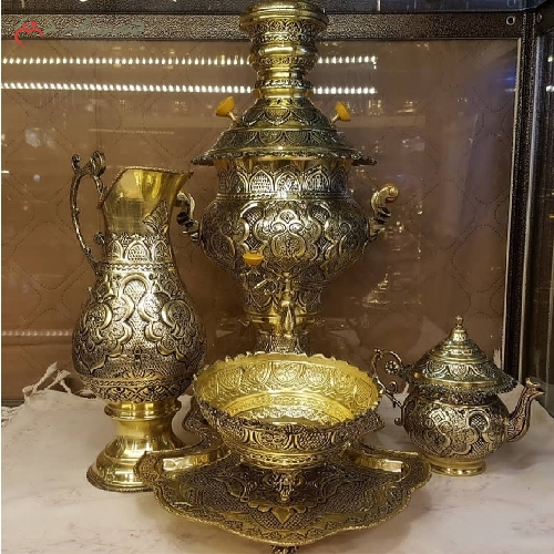 خرید، قیمت و مشخصات ست سماور ذغالی برنجی با آبکاری بدنه و سیاه قلم کاری شده، دارای ضمانت 7 ساله و زیر قیمت بازار - چترزندگی