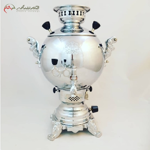 خرید، قیمت و مشخصات سماور گازی طرح طاووس و شکمی، با بدنه ی برنجی آبکاری شده و کیفیت ساخت بی نظیر دارای گارانتی - چترزندگی