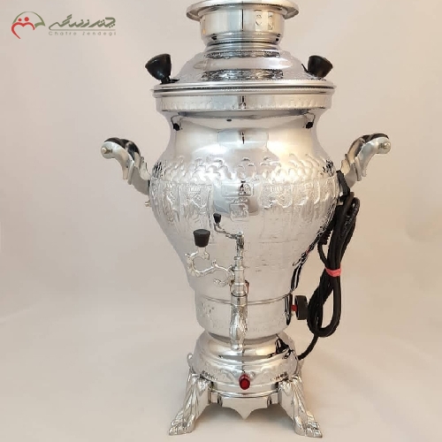 خرید، قیمت و مشخصات سماور برقی مدل شیوا، 6 لیتری تولید شده با بدنه ی برنجی و روکش آبکاری شده ی کروم دارای گارانتی - چترزندگی