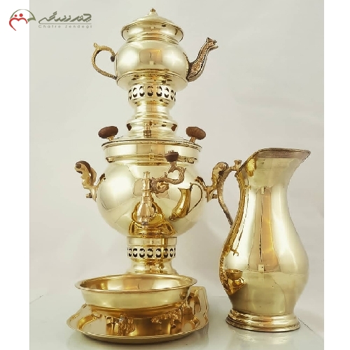 خرید، قیمت و مشخصات سماور برنجی 4 لیتری با روکش کروم طلایی و آبکاری شده همراه سرویس پارچ و سینی، با ضمانت نامه - چترزندگی